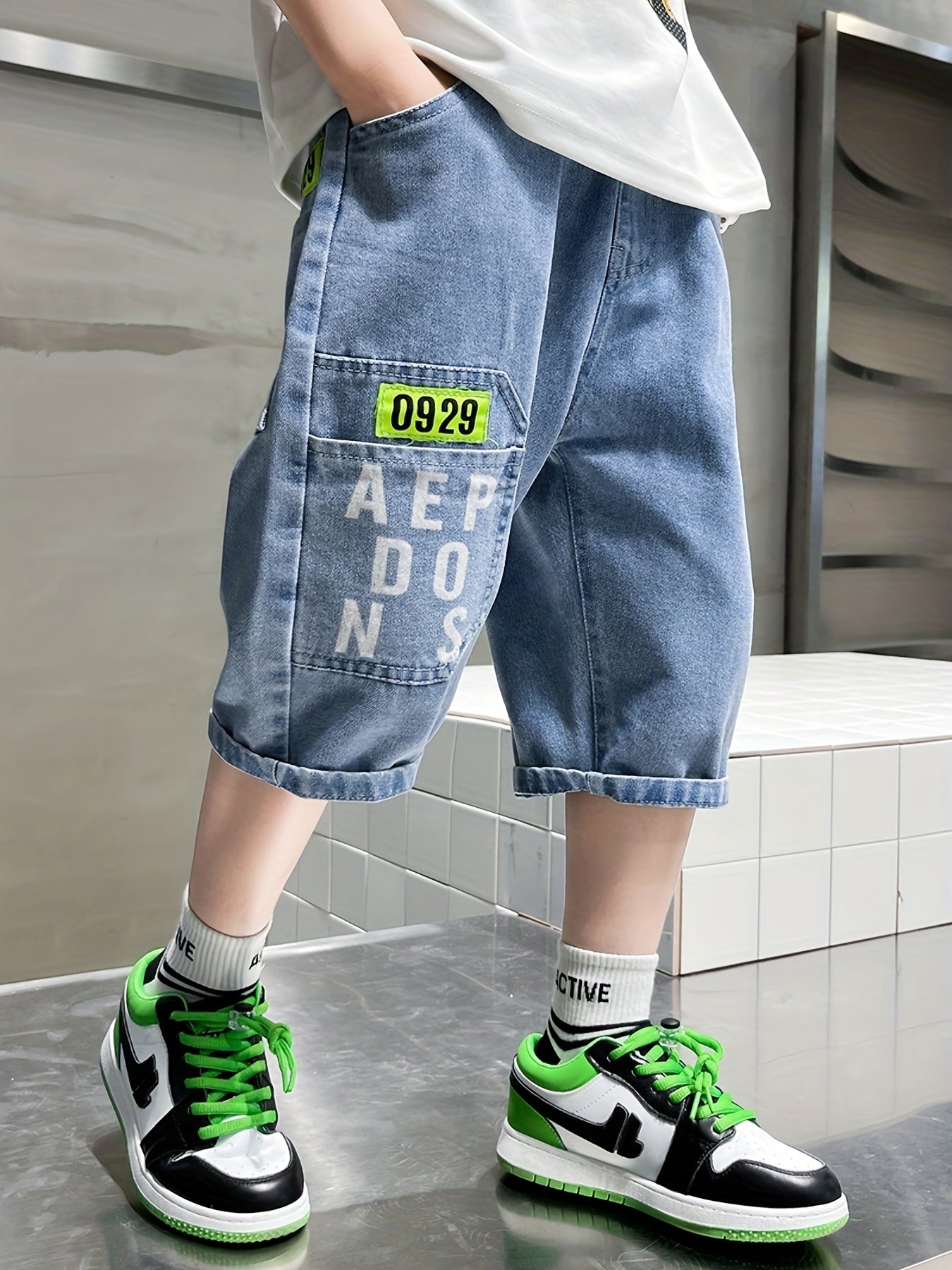 Boys Denim Jeans Cropped Pants with Pockets