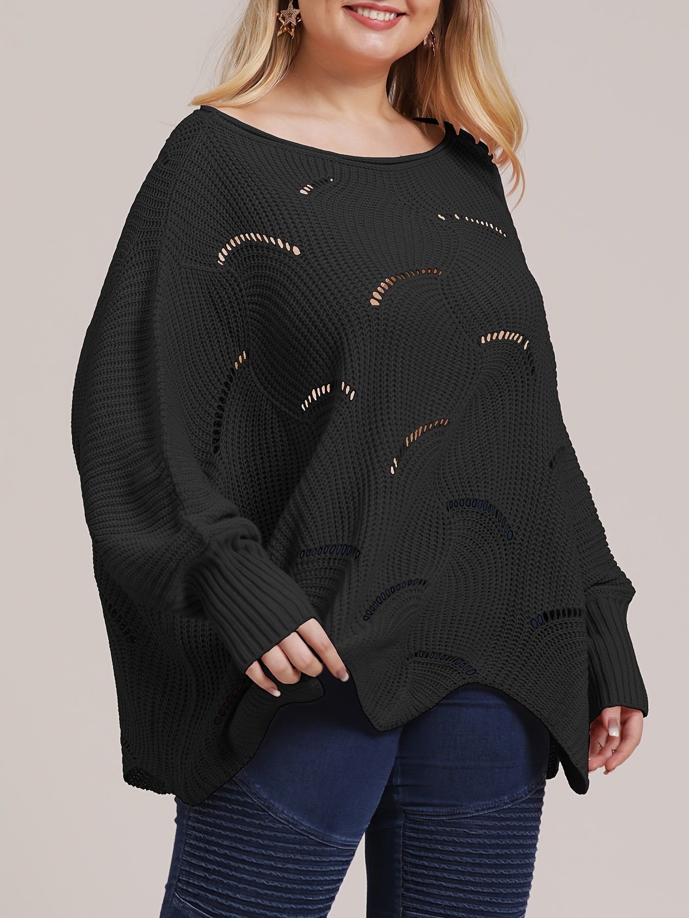 Boat Neck Loose Fit Sweater Women's Plus Casual Solid Sweater