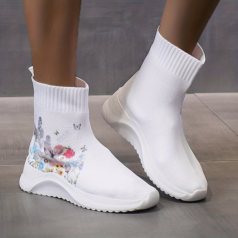 Flower & Butterfly Pattern Sneakers: Casual & Breathable Knit Sock Shoes