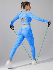 2pcs Slim Fit Yoga Sports Set Solid Long Sleeve Crop Tops & High Waist