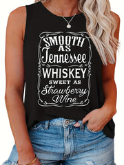 Casual Tank Top Women's Plus Letter Print Round Neck Slight Stretch