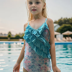Girls Stretchy Frill Trim Cross Back Swimwear Bathing Suit