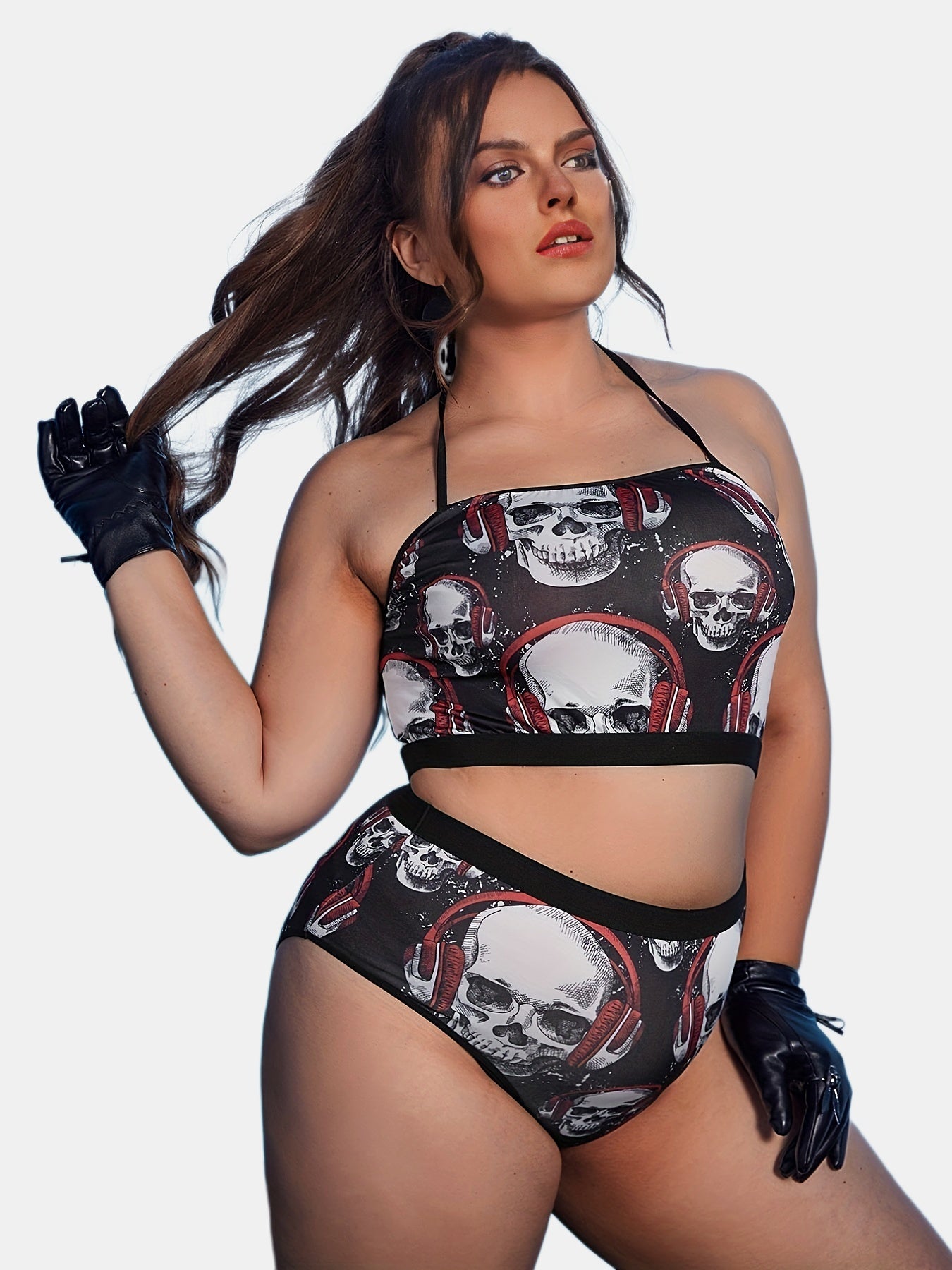 Plus Gothic Skull Halter Bra & High Rise Panty 2pcs Set
