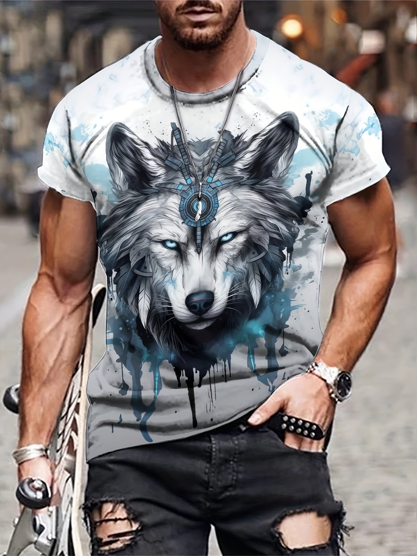 Men's 3D Wolf T-shirt Stretchy Breathable Tee for Spring Fall Outdoor