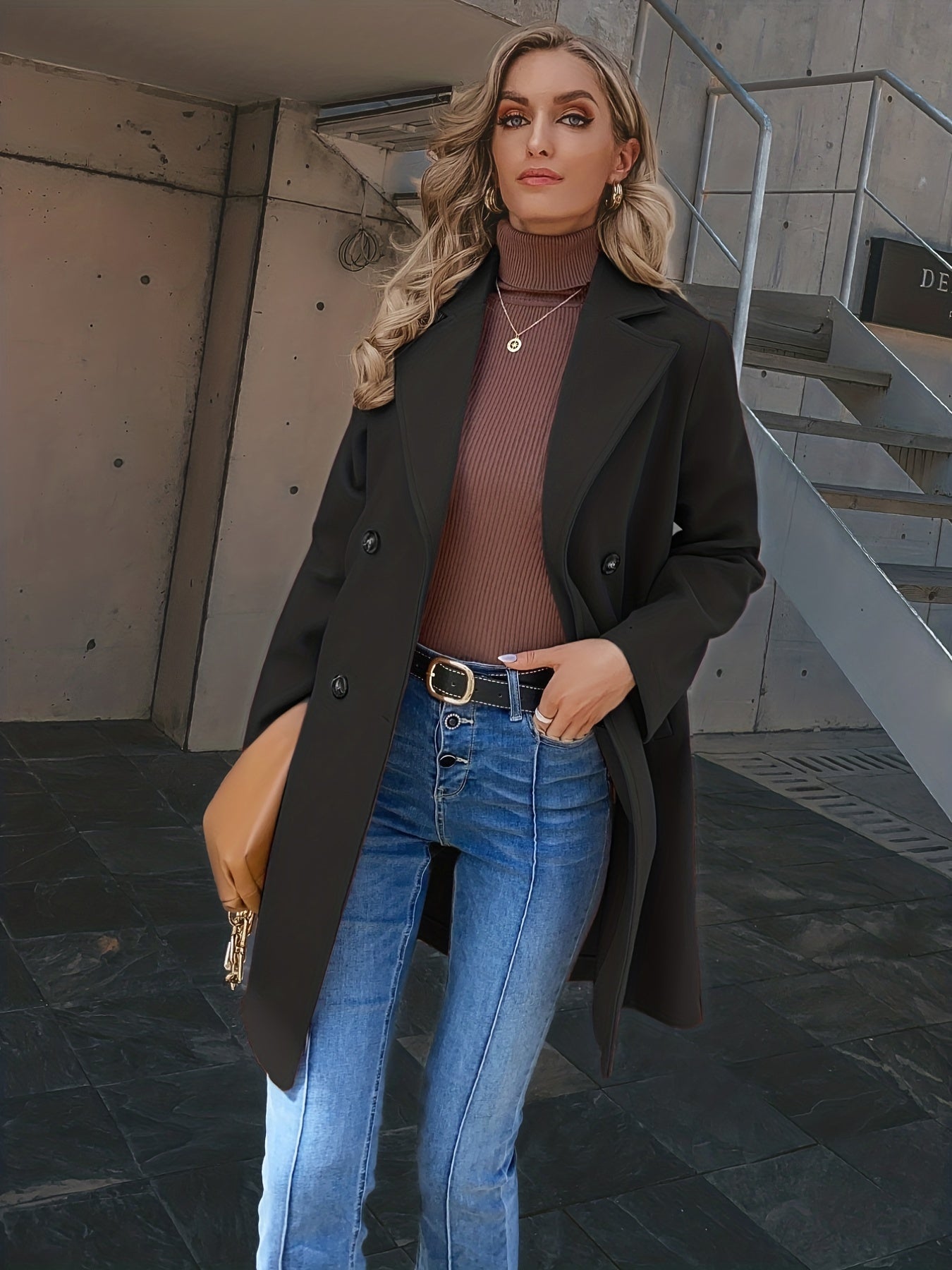 Double Breasted Coat Lapel Long Sleeve Overcoat Women's