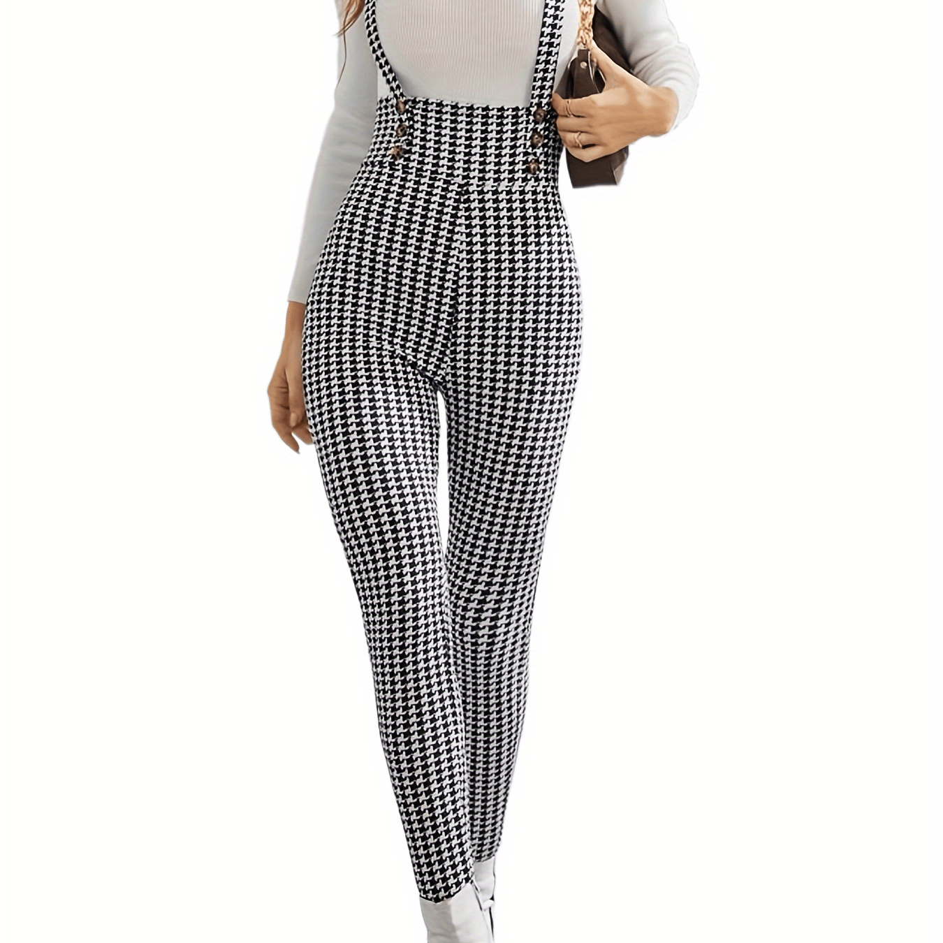 Houndstooth Print Overall Jumpsuit Casual Slim Button Overall Jumpsuit