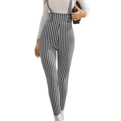 Houndstooth Print Overall Jumpsuit Casual Slim Button Overall Jumpsuit