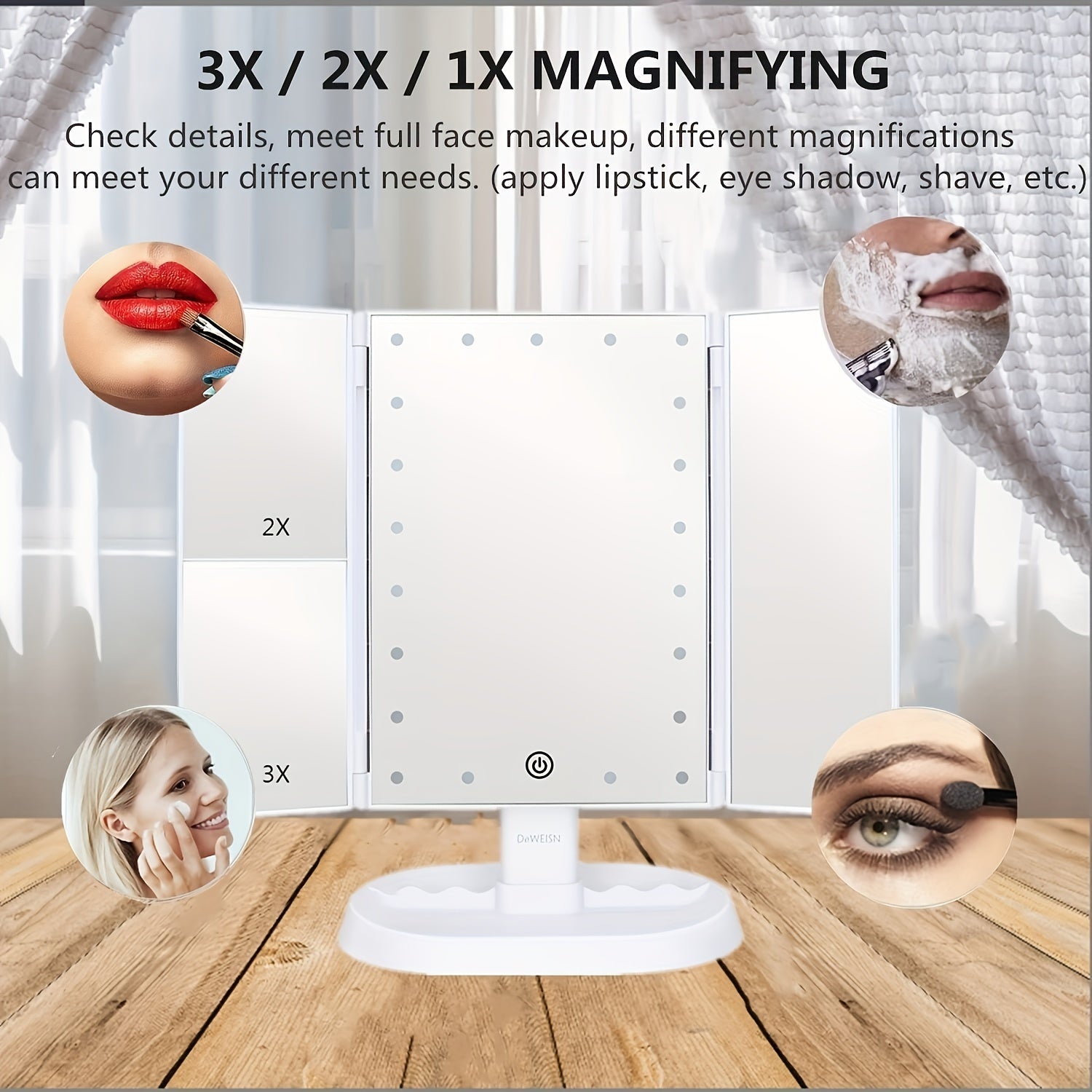 LED Trifold Vanity Makeup Mirror 3x Magnification Touch Screen Dimming