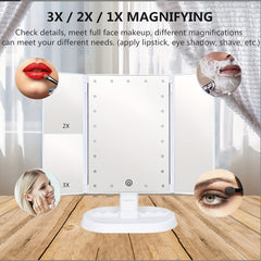 LED Trifold Vanity Makeup Mirror 3x Magnification Touch Screen Dimming