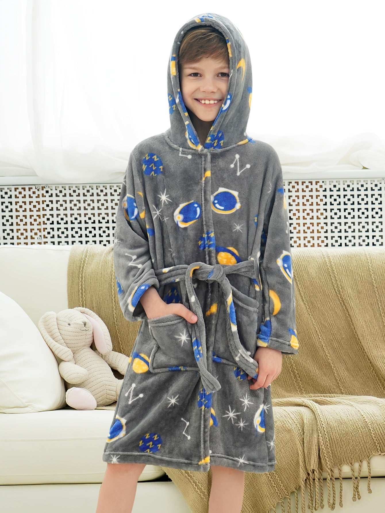 Kid's Cartoon Hooded Flannel Bathrobe PJ Set