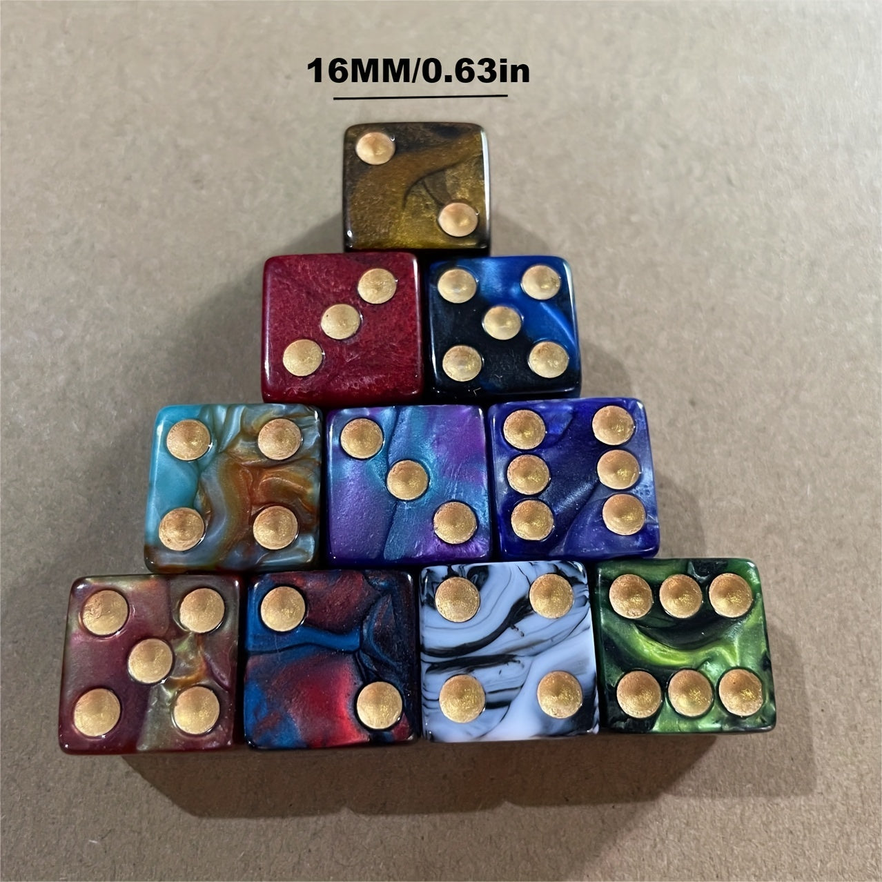16MM 6-Sided Dice Set 10 Colors Acrylic With Velvet Bag