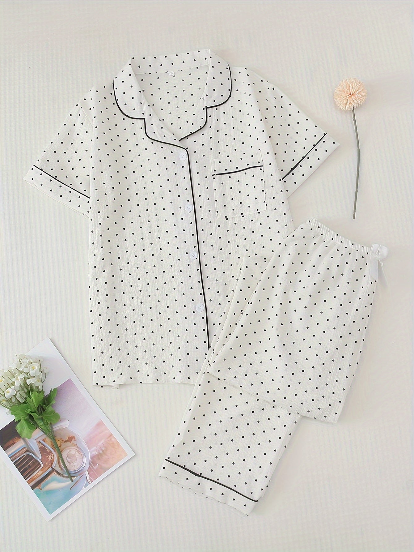Polka Dot Print Pajama Set Short Sleeve Buttons Top & Elastic Waistband Pants