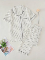 Polka Dot Print Pajama Set Short Sleeve Buttons Top & Elastic Waistband Pants