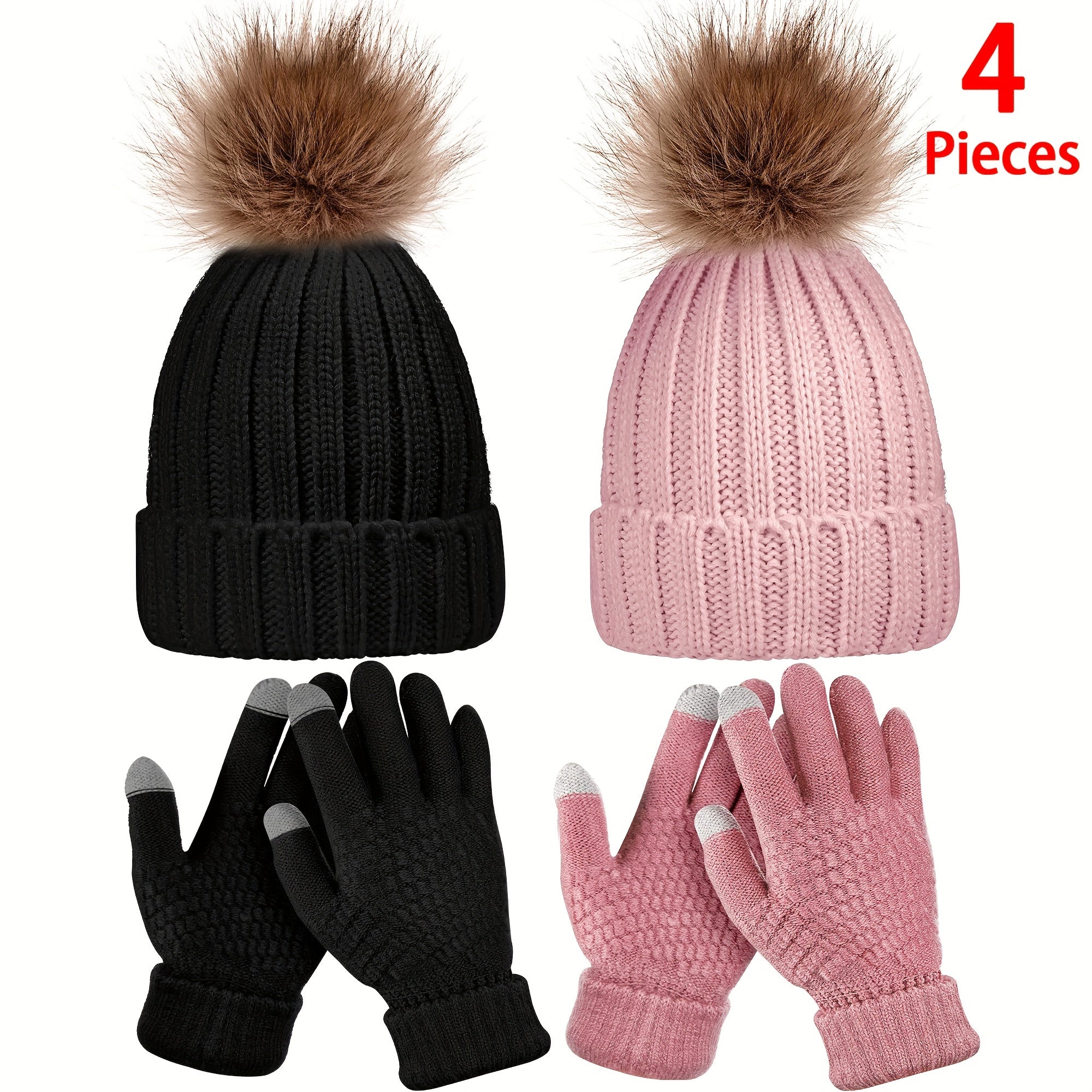 Winter Knitted Beanie Hat Glove Set Touch Screen Gloves