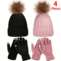 Winter Knitted Beanie Hat Glove Set Touch Screen Gloves