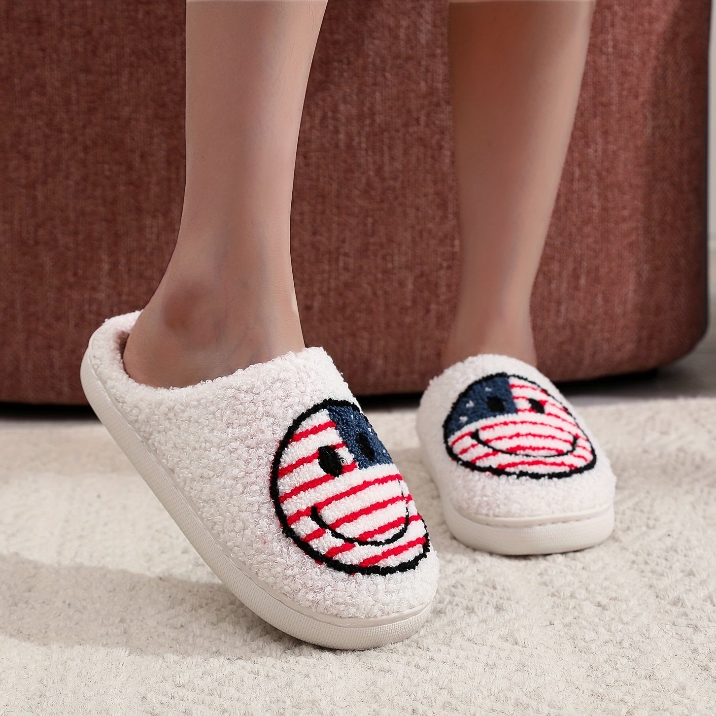 Women's Smile Face & Flag Pattern Slippers Plush Lined Warm Indoor Shoes