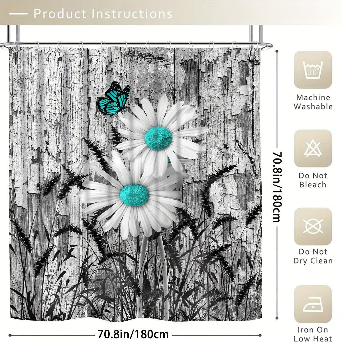 Daisy Shower Curtain Set Waterproof with Non-Slip Bathroom Rug
