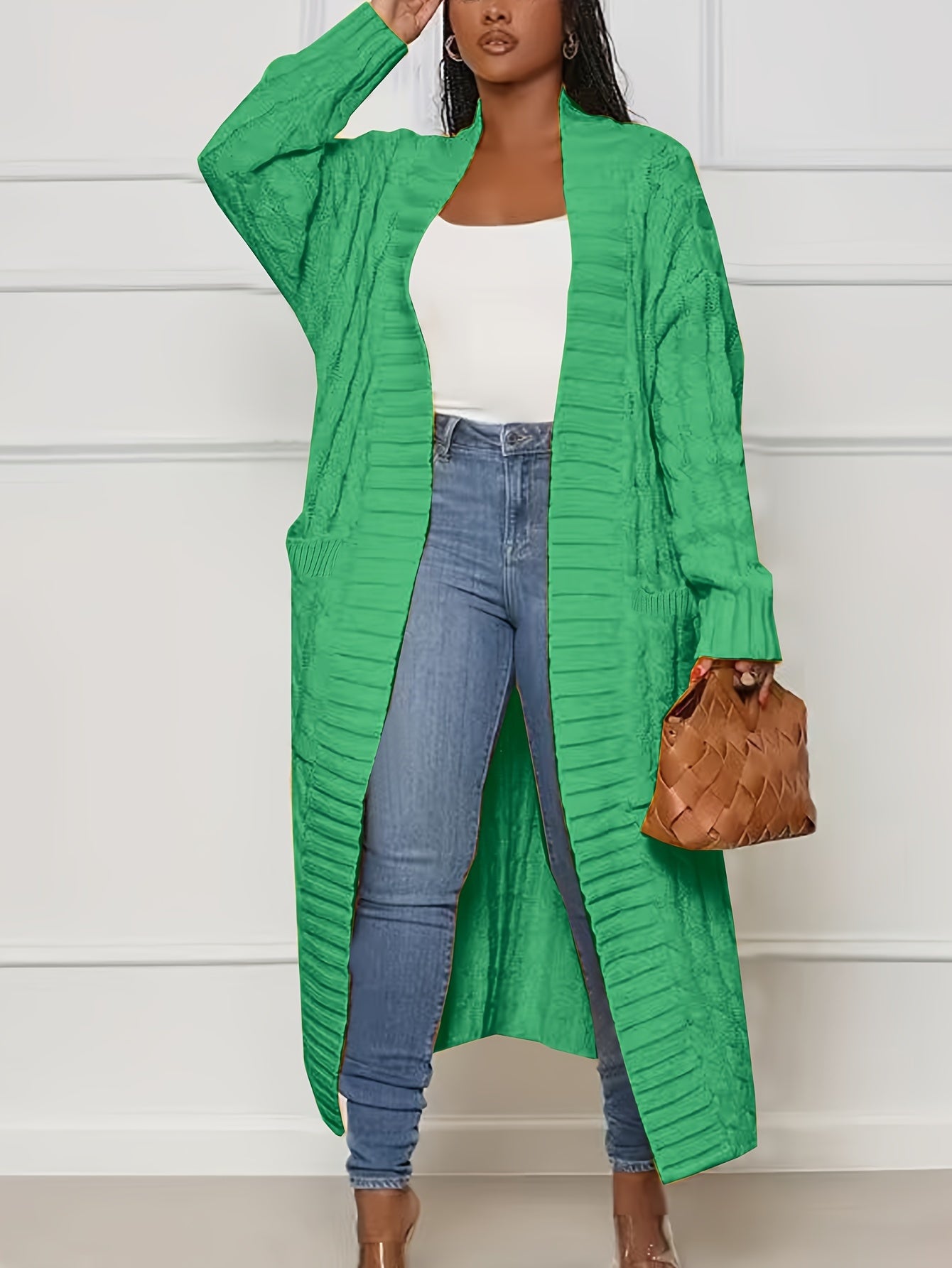 Cable Knit Open Front Cardigan with Pockets