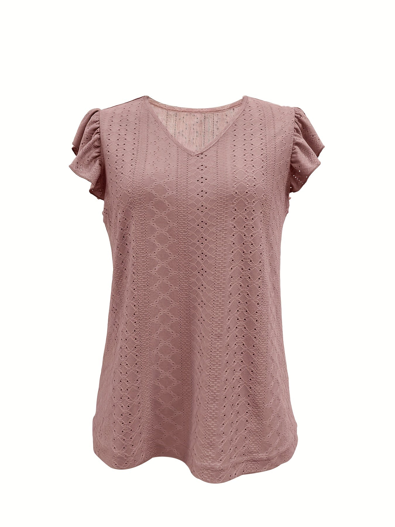 Eyelet Casual Two piece Set V Neck Flutter Sleeve Top & Elastic Waist Shorts
