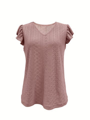 Eyelet Casual Two piece Set V Neck Flutter Sleeve Top & Elastic Waist Shorts