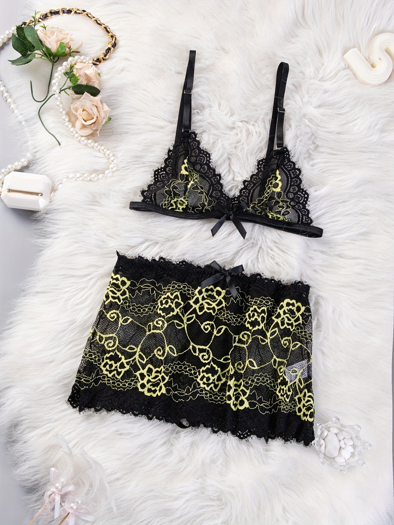 Floral Embroidery Lingerie Set with Plunge Bra and Mesh Skirt