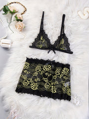 Floral Embroidery Lingerie Set with Plunge Bra and Mesh Skirt