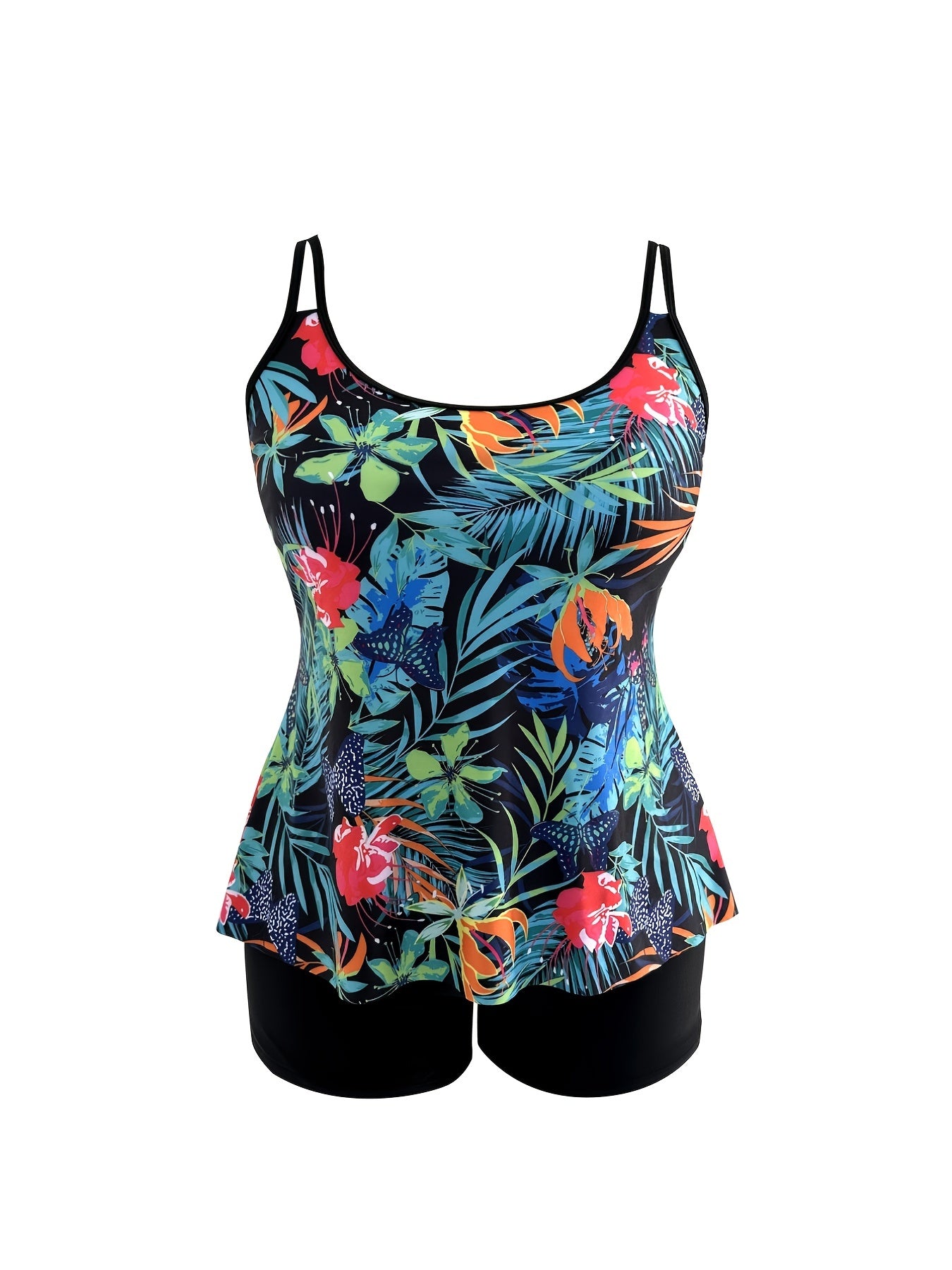 Boho Tankini Set Women's Plus Tropical Print Cami Top & Shorts Swimsui