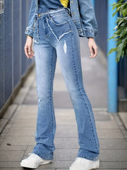 Ripped Flare Jeans Slash Pockets High Waist Denim Pants