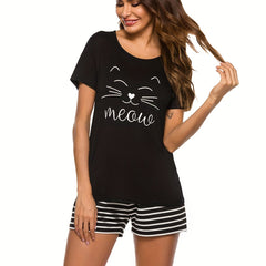 Cat Print Pajama Set Short Sleeve Top & Striped Shorts