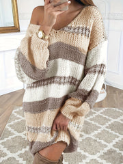 Striped Long Sleeve V Neck Oversized Sweater Dress