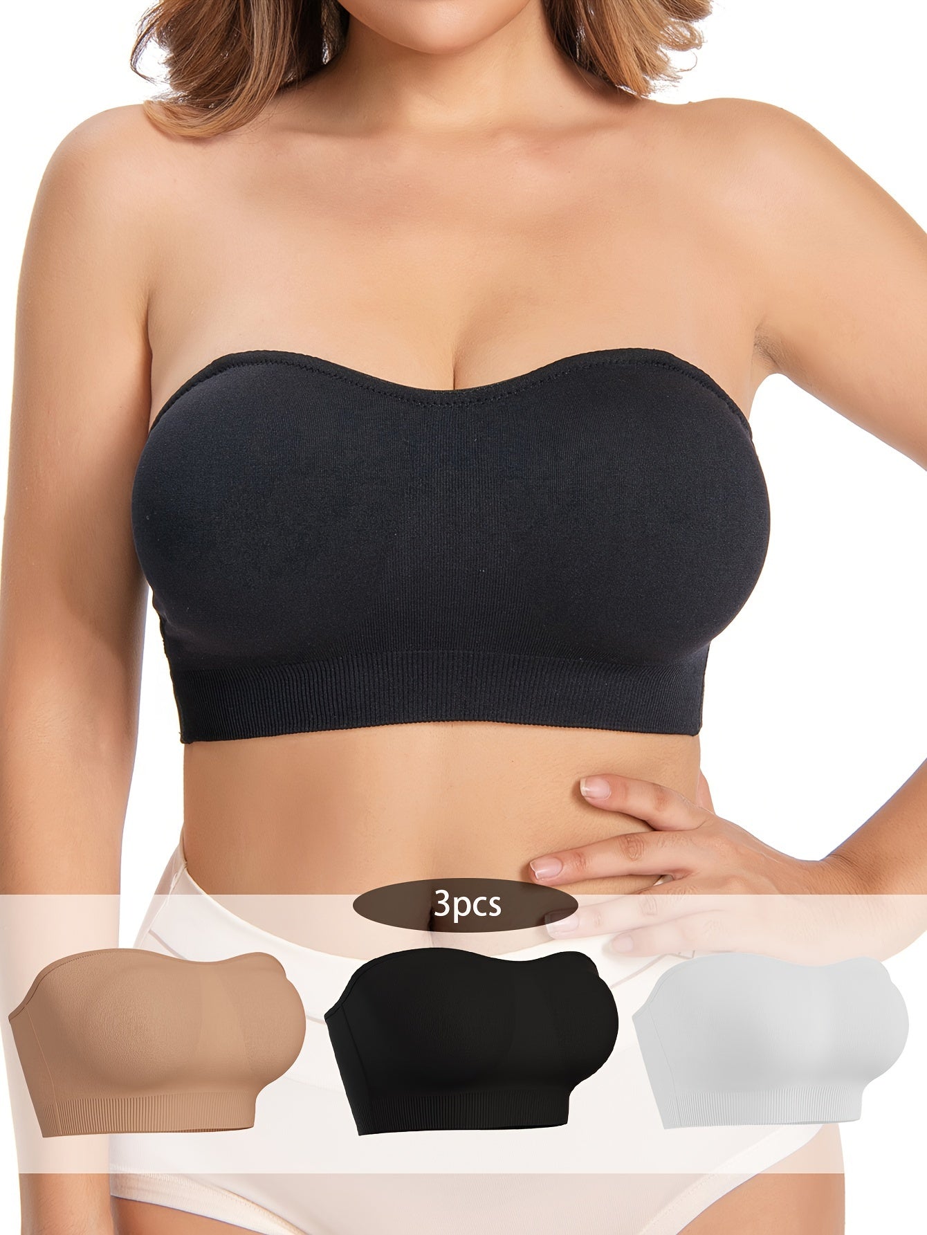 3pcs Strapless Bandeau Bras Comfy & Soft Stretch Everyday Bra