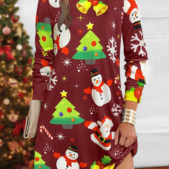 Christmas Dress Women's Plus Allover Print Long Sleeve Tee Dress
