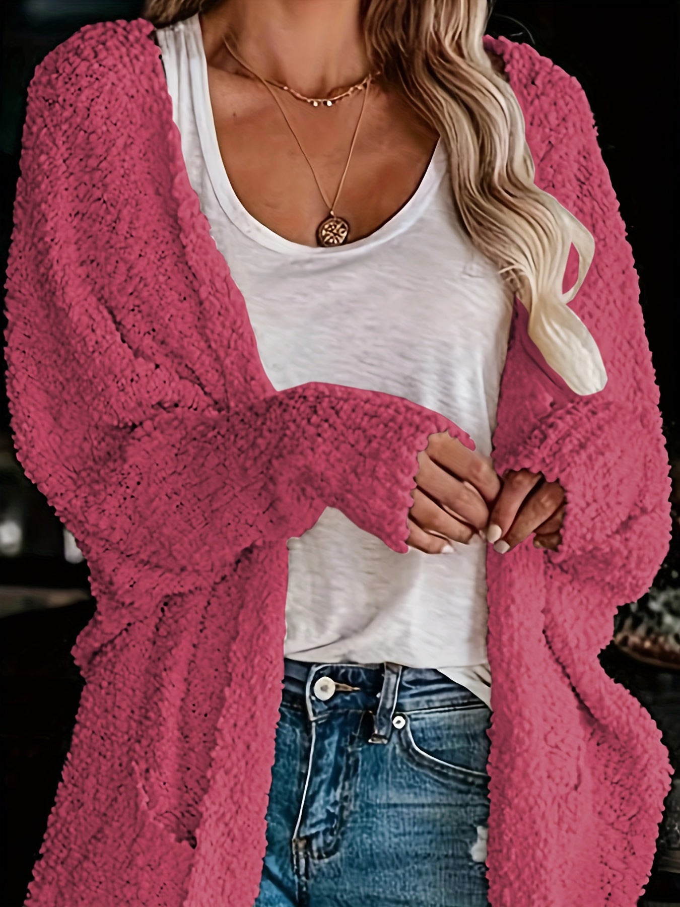 Casual Cardigan Women's Plus Solid Popcorn Long Sleeve Open Front