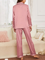 Satin Pajama Set Long Sleeve Top & Pants Women's Sleepwear