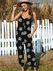 Leaf Print Wide Leg Spaghetti Jumpsuit Boho Sleeveless Backless Jumpsuit