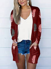 Feather Print Long Sleeve Open Front Cardigan With Pockets