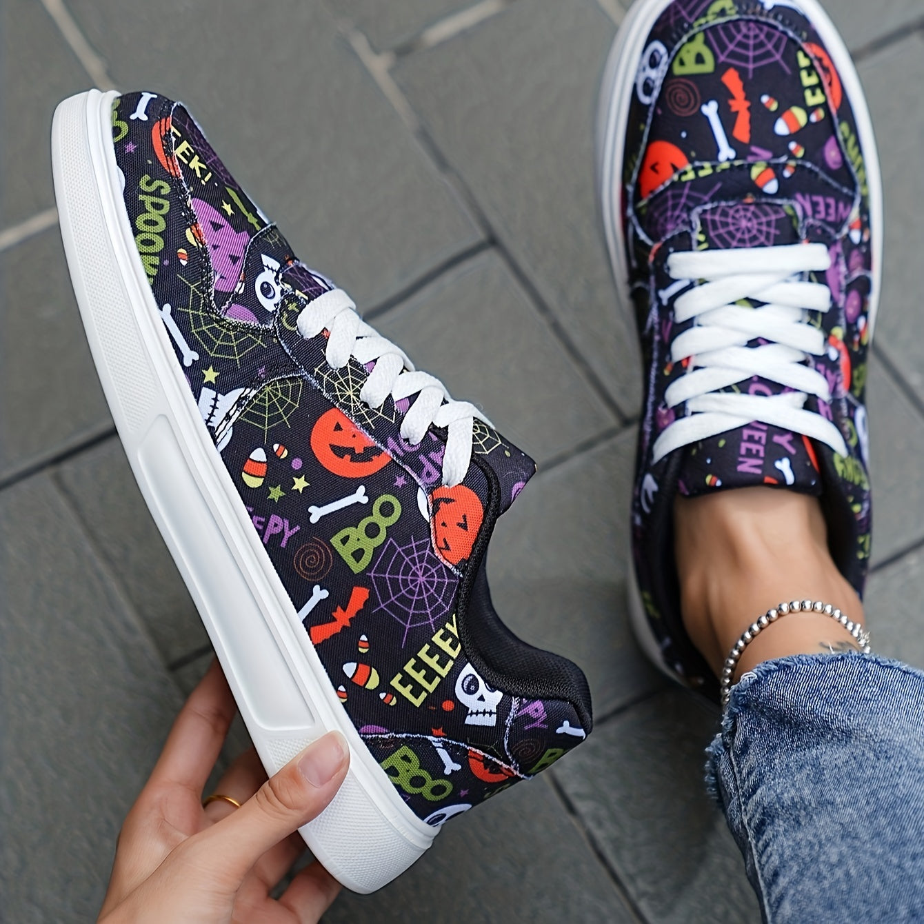 Halloween Graffiti Print Canvas Sneakers