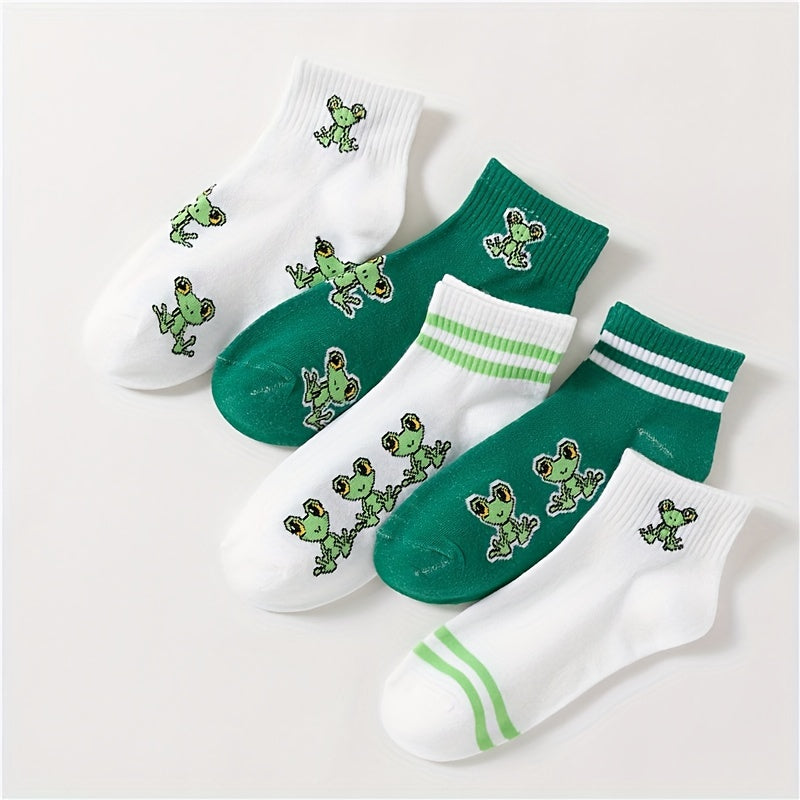 5 Pairs Cartoon Frog Print Crew Socks Women's Stockings