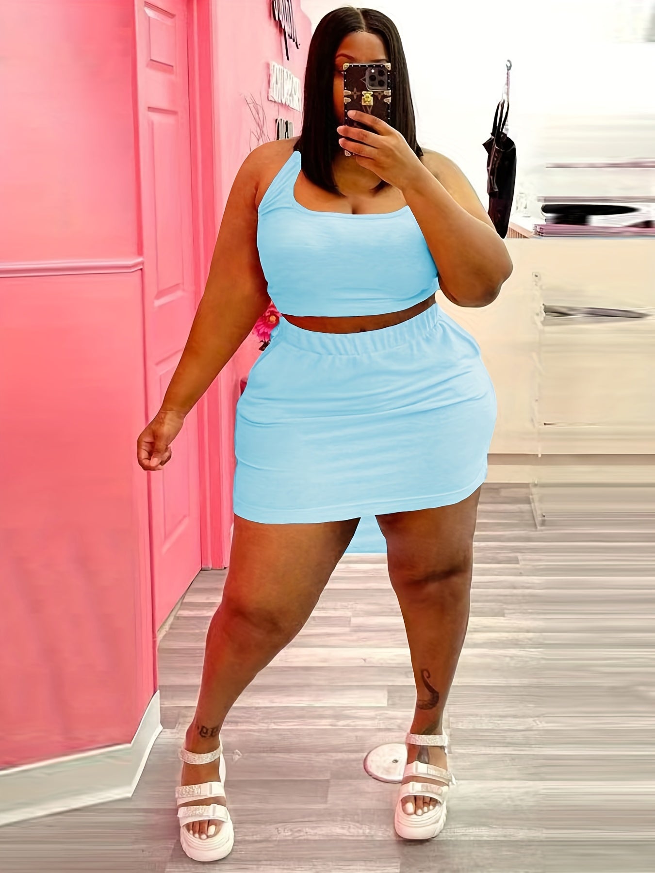 Solid Halter Neck Cami Top & Mini Skirt Set