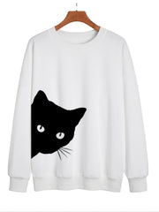 Cat Graphic Print Pullover Long Sleeve Casual Sweatshirt for Winter