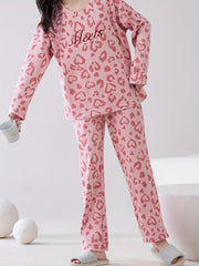 Leopard Print Pajama Set Long Sleeve Top & Elastic Waistband Pants
