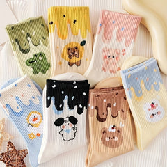7 Pairs Cartoon Print Socks Women's Mid Tube Stockings