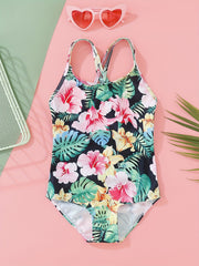 Toddler Girls Hawaiian Floral Swimsuit High Waist Swimwear