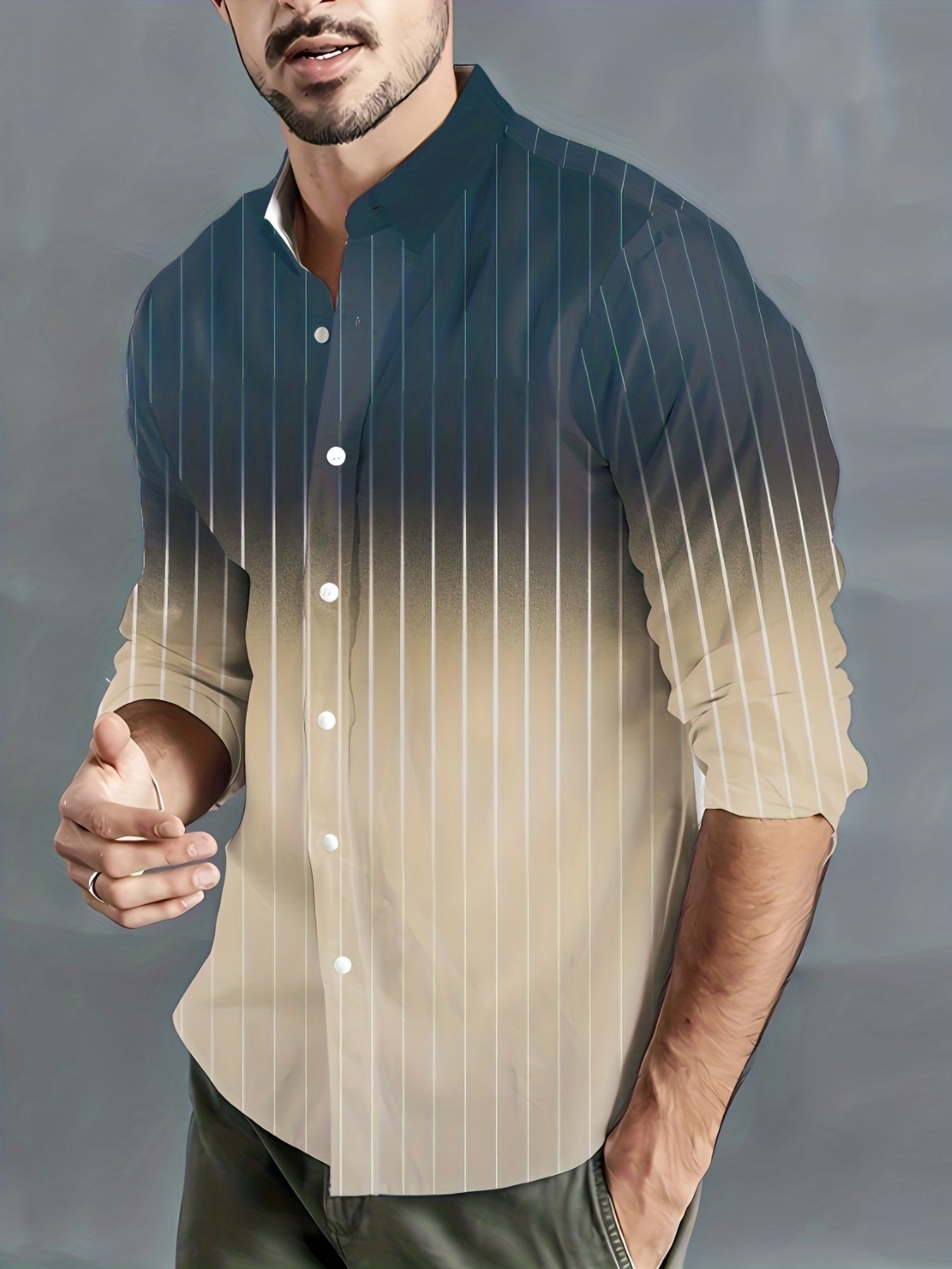 Stripe Print Men's Gradient Button Up Long Sleeve Shirt