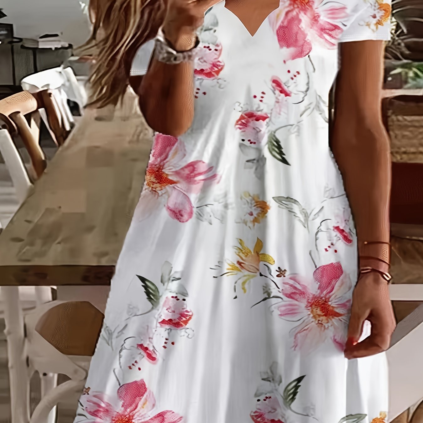 Boho Dress Women's Plus Floral Print Short Sleeve V Neck Scallop