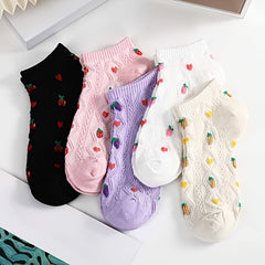 5 Pairs Girls Kids Cartoon Fruit Floral Socks Low Cut Ankle Socks
