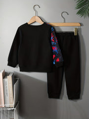 Boys 2pcs Sweatshirt & Pants Letter Graffiti Print Crew Neck Pullover Top