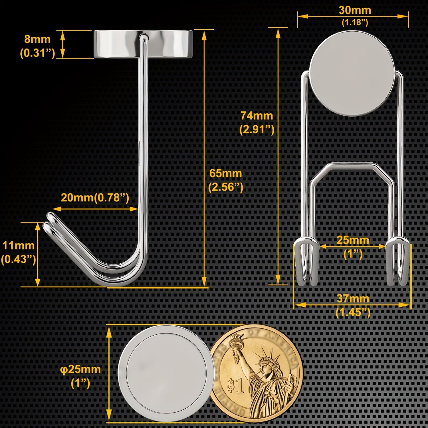 3pcs Strong Magnetic Double Hooks 25mm Base Heavy Duty Hooks for Hanging