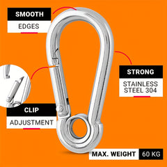 4pcs Heavy Duty 304 Stainless Steel Carabiner Clips 6.05cm 60kg Load Capacity