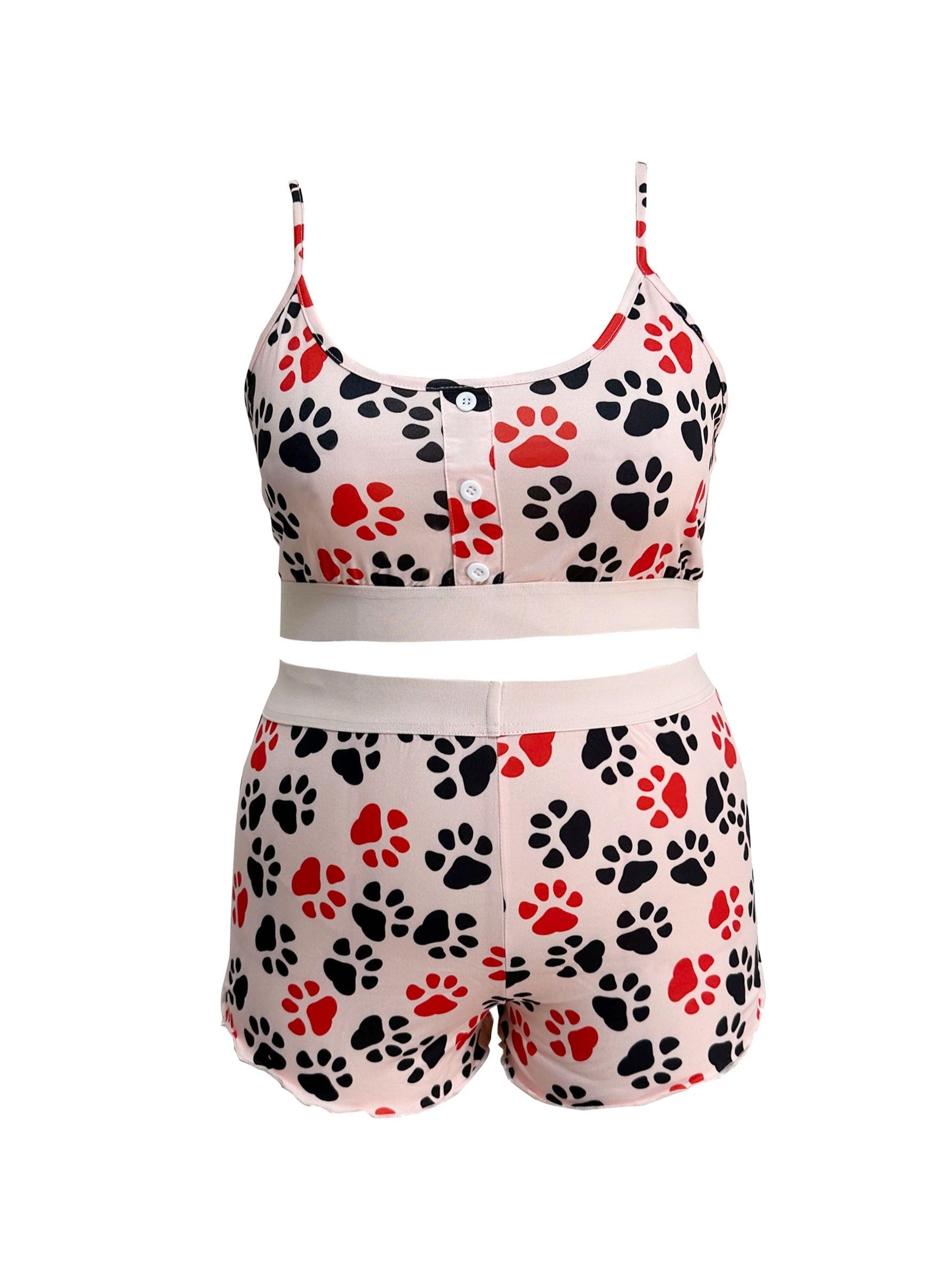 Dog Paw Print Pajama Set: Crop Cami Top & Shorts
